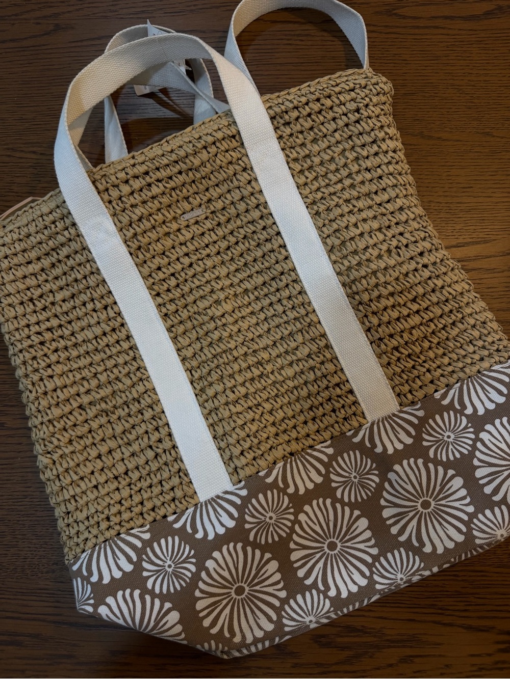 Woven Straw Tote Bag with White Straps and Patterned Brown Base